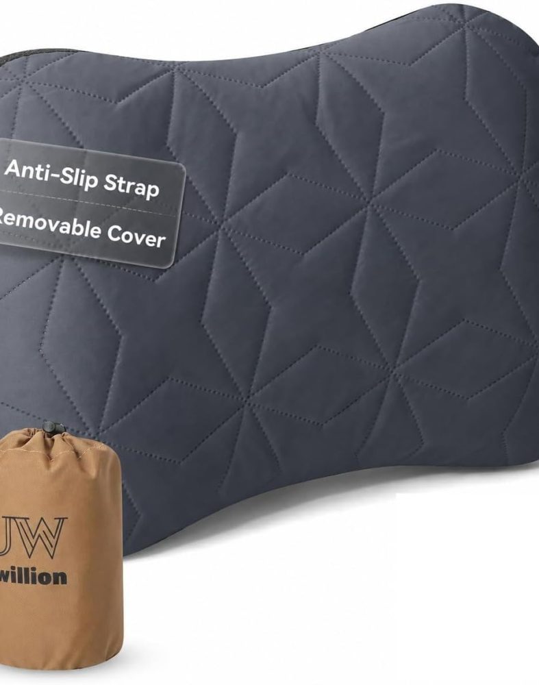 UWILLION Inflatable Camping Pillow with Removable Washable Cover, Ultralight Compact Air Pillow for Backpacking, Hiking, Travel & Camping, Ergonomic Neck and Lumbar Support Blow Up Pillow – Grey