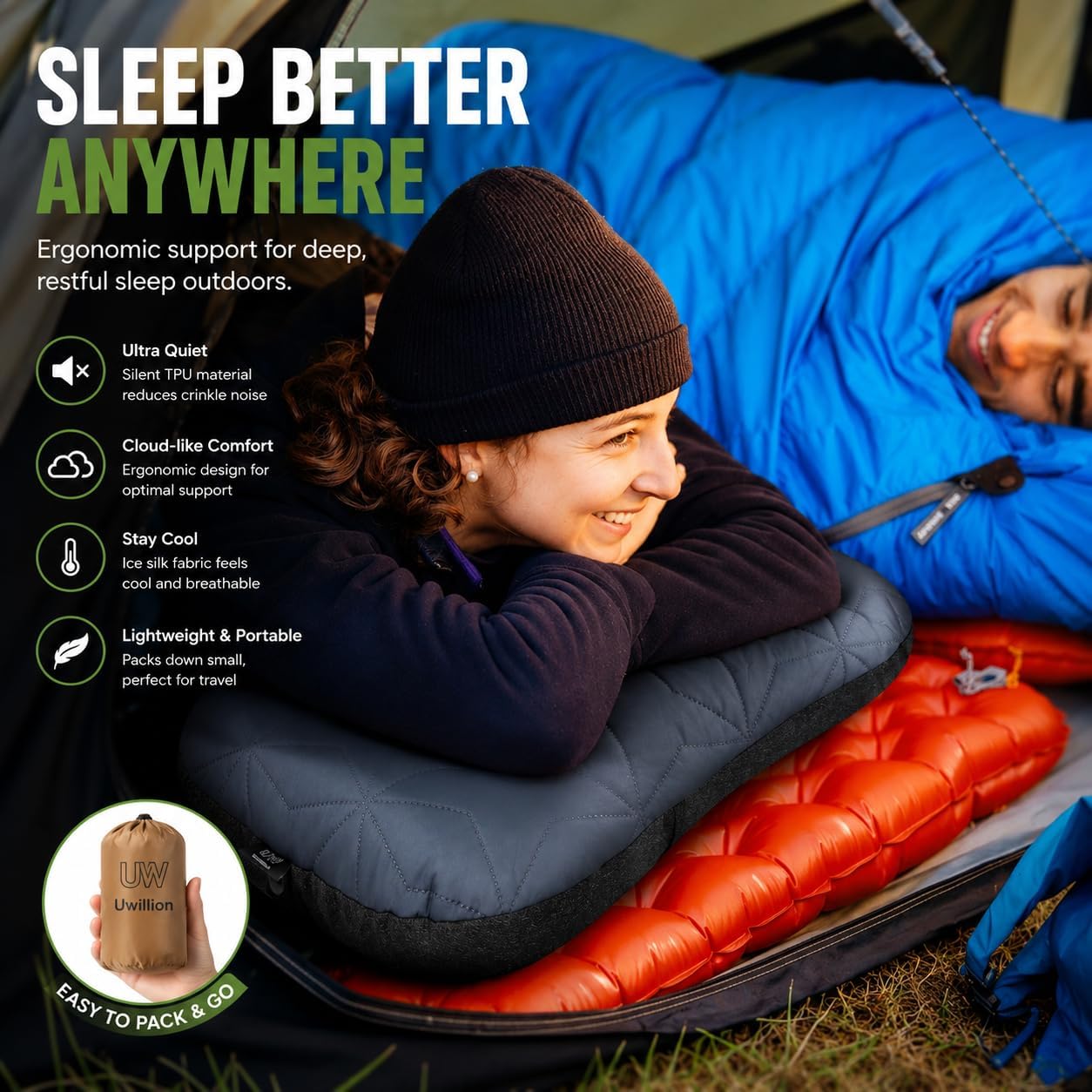 UWILLION Inflatable Camping Pillow with Removable Washable Cover, Ultralight Compact Air Pillow for Backpacking, Hiking, Travel & Camping, Ergonomic Neck and Lumbar Support Blow Up Pillow – Grey - Image 2