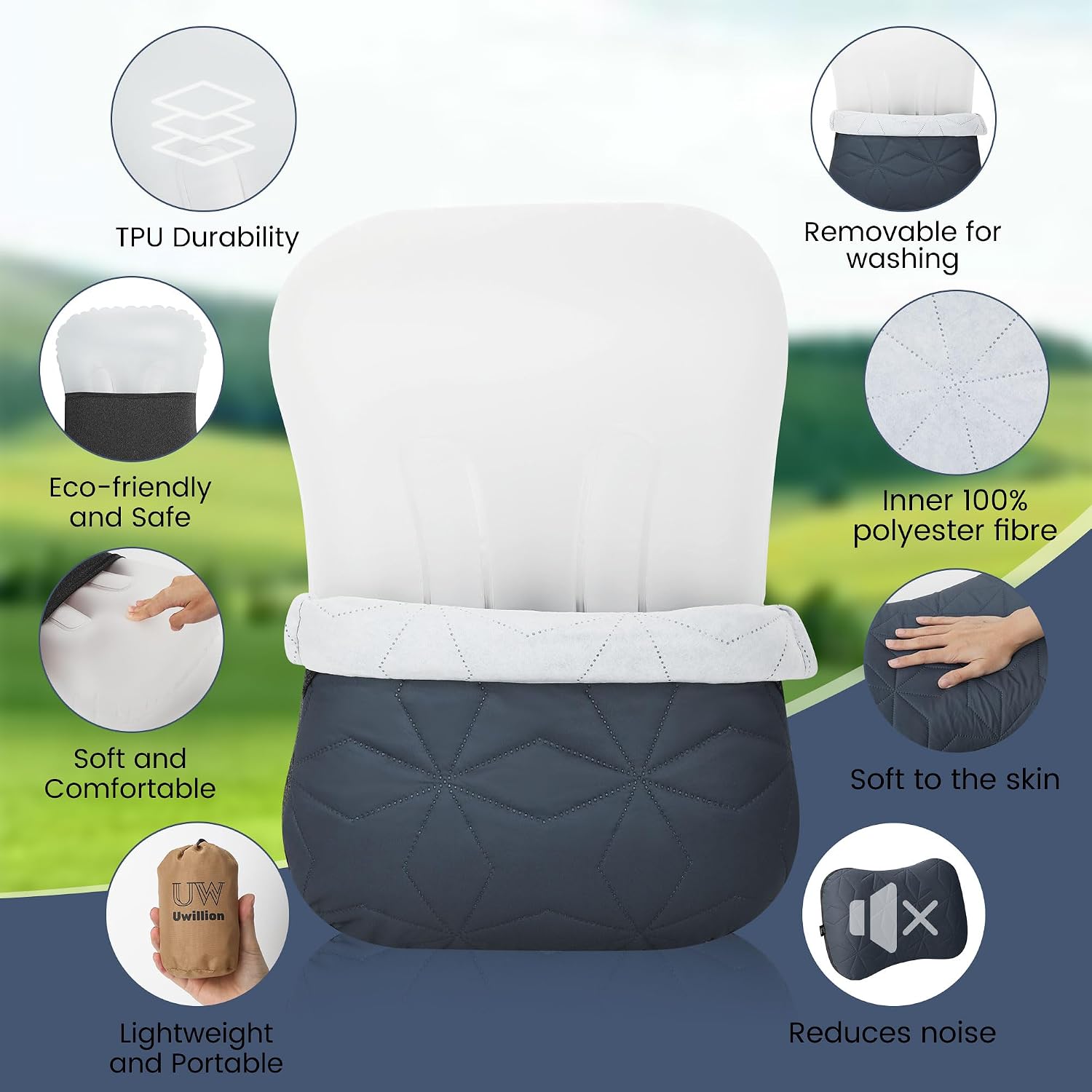 UWILLION Inflatable Camping Pillow with Removable Washable Cover, Ultralight Compact Air Pillow for Backpacking, Hiking, Travel & Camping, Ergonomic Neck and Lumbar Support Blow Up Pillow – Grey - Image 5
