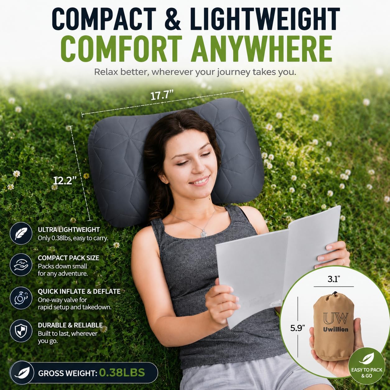 UWILLION Inflatable Camping Pillow with Removable Washable Cover, Ultralight Compact Air Pillow for Backpacking, Hiking, Travel & Camping, Ergonomic Neck and Lumbar Support Blow Up Pillow – Grey - Image 6