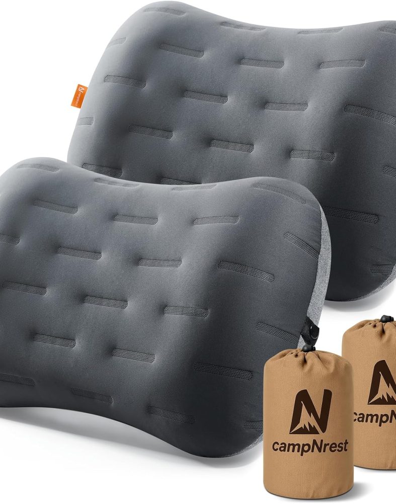 Inflatable Camping Pillow - Ultralight Compact Air Pillow for Travel, Backpacking & Hiking - Ergonomic Neck & Lumbar Support - Portable Inflatable Pillow with Removable Washable Cover - (Grey 2 Pack)