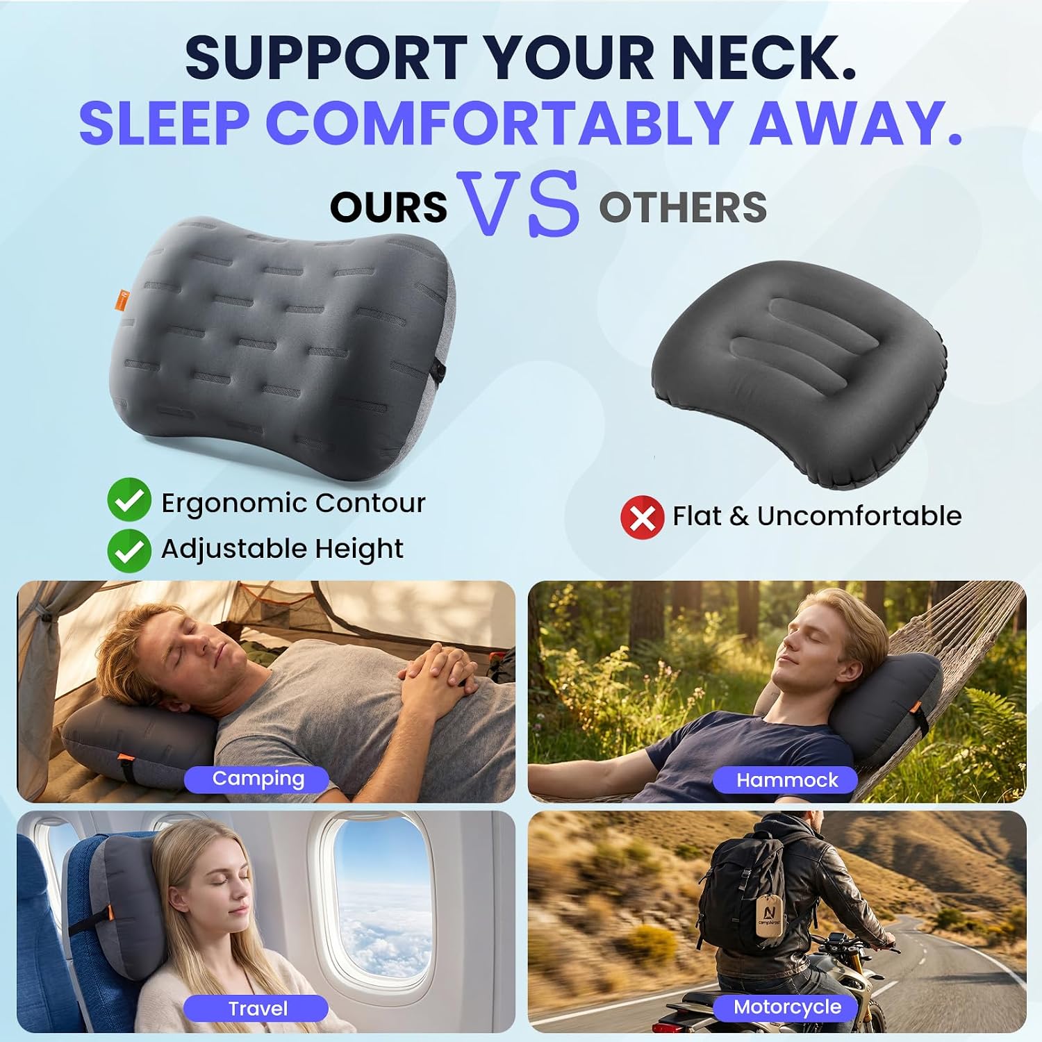 Inflatable Camping Pillow - Ultralight Compact Air Pillow for Travel, Backpacking & Hiking - Ergonomic Neck & Lumbar Support - Portable Inflatable Pillow with Removable Washable Cover - (Grey 2 Pack) - Image 2
