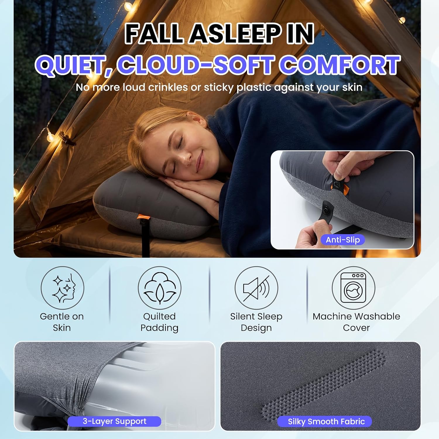 Inflatable Camping Pillow - Ultralight Compact Air Pillow for Travel, Backpacking & Hiking - Ergonomic Neck & Lumbar Support - Portable Inflatable Pillow with Removable Washable Cover - (Grey 2 Pack) - Image 3