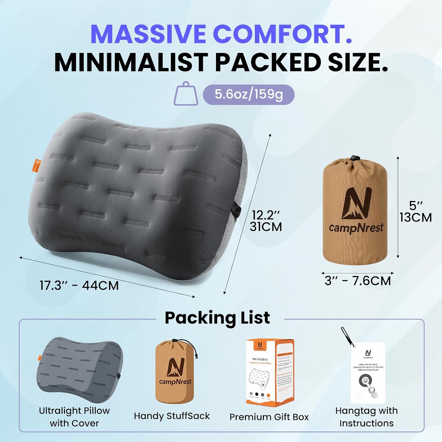 Inflatable Camping Pillow - Ultralight Compact Air Pillow for Travel, Backpacking & Hiking - Ergonomic Neck & Lumbar Support - Portable Inflatable Pillow with Removable Washable Cover - (Grey 2 Pack) - Image 7
